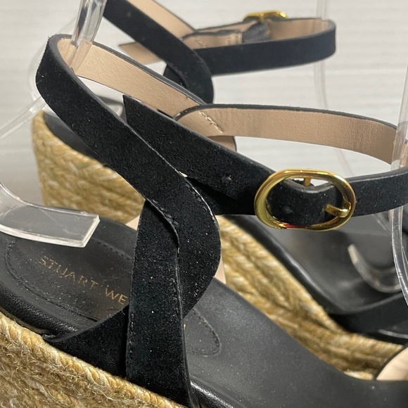 Stuart Weitzman Women’s Wedge Sandals 7.5B Black Suede Espadrille Wedge Summer - Picture 2 of 14